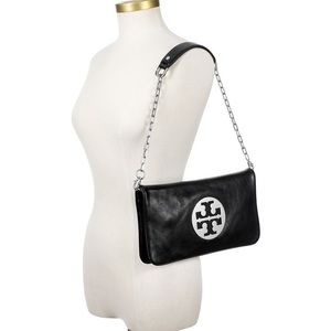 Used TORY BURCH LEATHER REVA CLUTCH BLACK AND SILVER CHAIN
